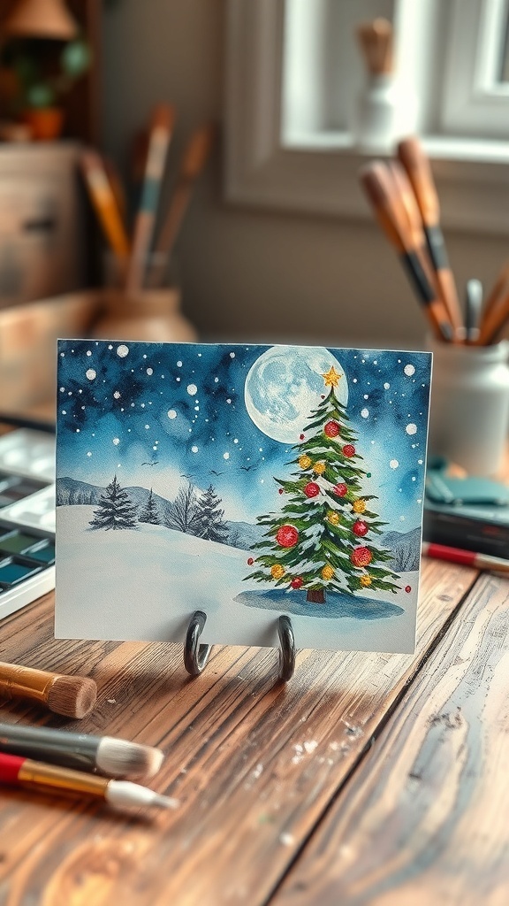 Watercolor Christmas card with a snowy scene and Christmas tree on a wooden table.